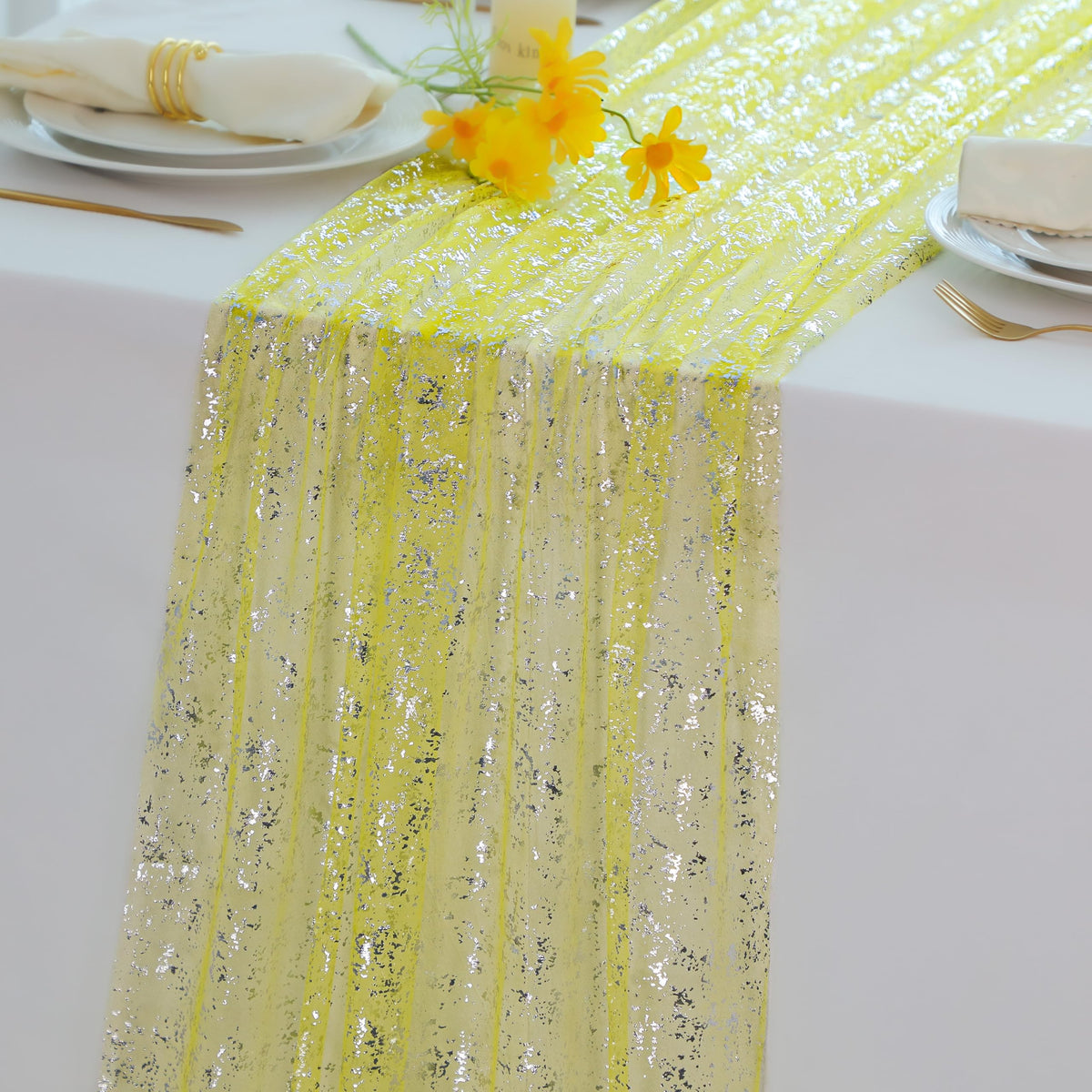 Snowkingdom 6Pcs 10 Ft Gold Table Runners, Sheer Chiffon Tulle Cheesecloth Golden Sequin Glitter Metallic Foil, Gold Party Table Decoration Centerpiece for Wedding Birthday Anniversary Christmas