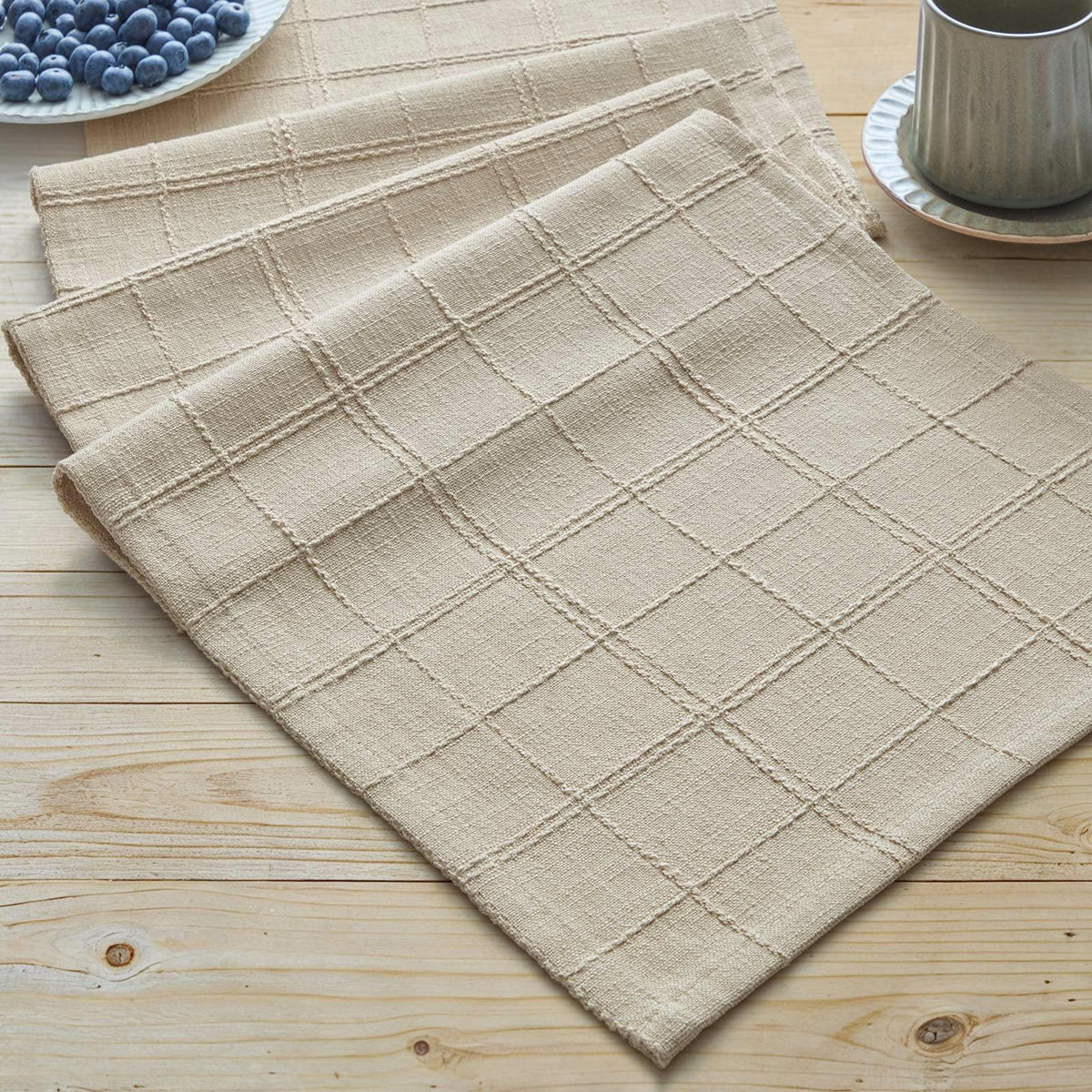 ZeeMart Linen Checked Farmhouse Table Runner, 13x72 Inches Neutral Beige