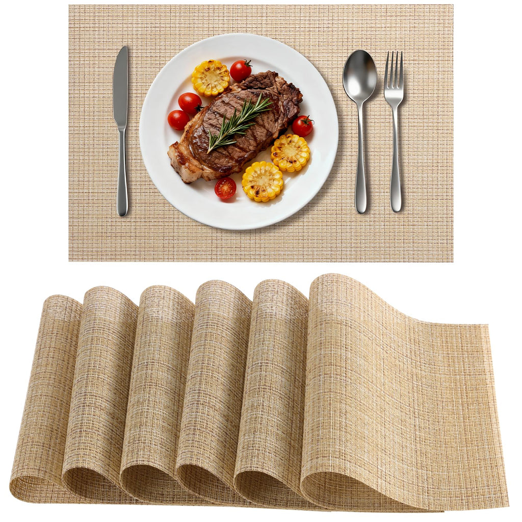 Timeet Placemats Set of 6, Heat Resistant Non-Slip Place Mats, Durable Washable PVC Vinyl Woven Table Mats, Linen Textured Table Placemats for Dining Kitchen Resistant Easy to Clean(Brown)