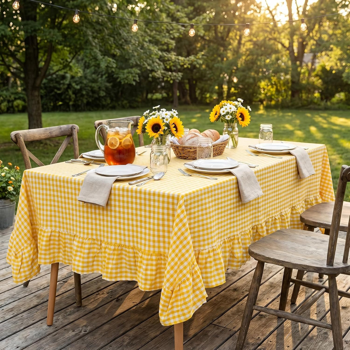 PartyDelight Gingham Ruffle Tablecloth Butter Yellow Washed Cotton Checkered Rectangular Table Cover for Farmhouse Kitchen Cute Cottagecore Birthday Party Decor, Soft Vintage (60x102 Fits 6-9 Seats)