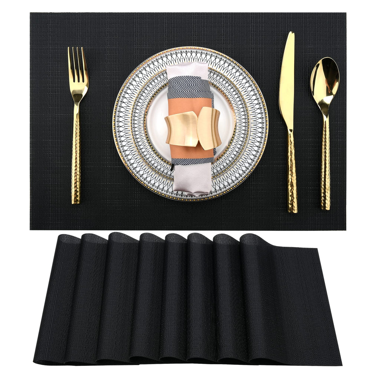 SLKQG Navy Blue Placemats Set of 8 - Easy Clean Washable Vinyl Placemats - Wipeable Heat Resistant Table Mats for Dining Table - 17x12 Inch (Navy Blue, 8)