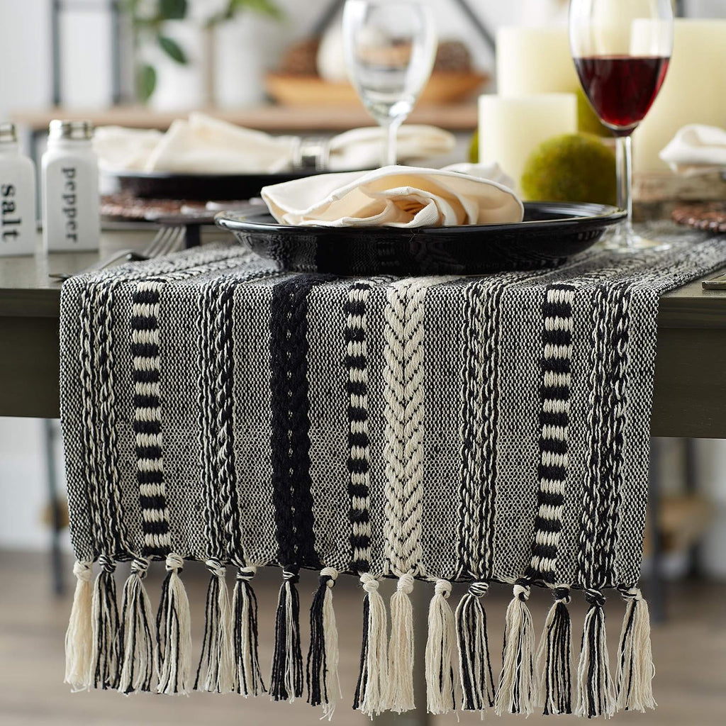 DII Braided Stripe Table Runner, 15x72 with 2.5" Fringe, Black