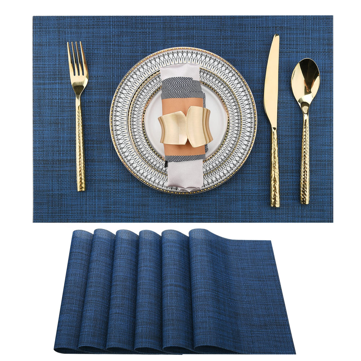 SLKQG Navy Blue Placemats Set of 8 - Easy Clean Washable Vinyl Placemats - Wipeable Heat Resistant Table Mats for Dining Table - 17x12 Inch (Navy Blue, 8)