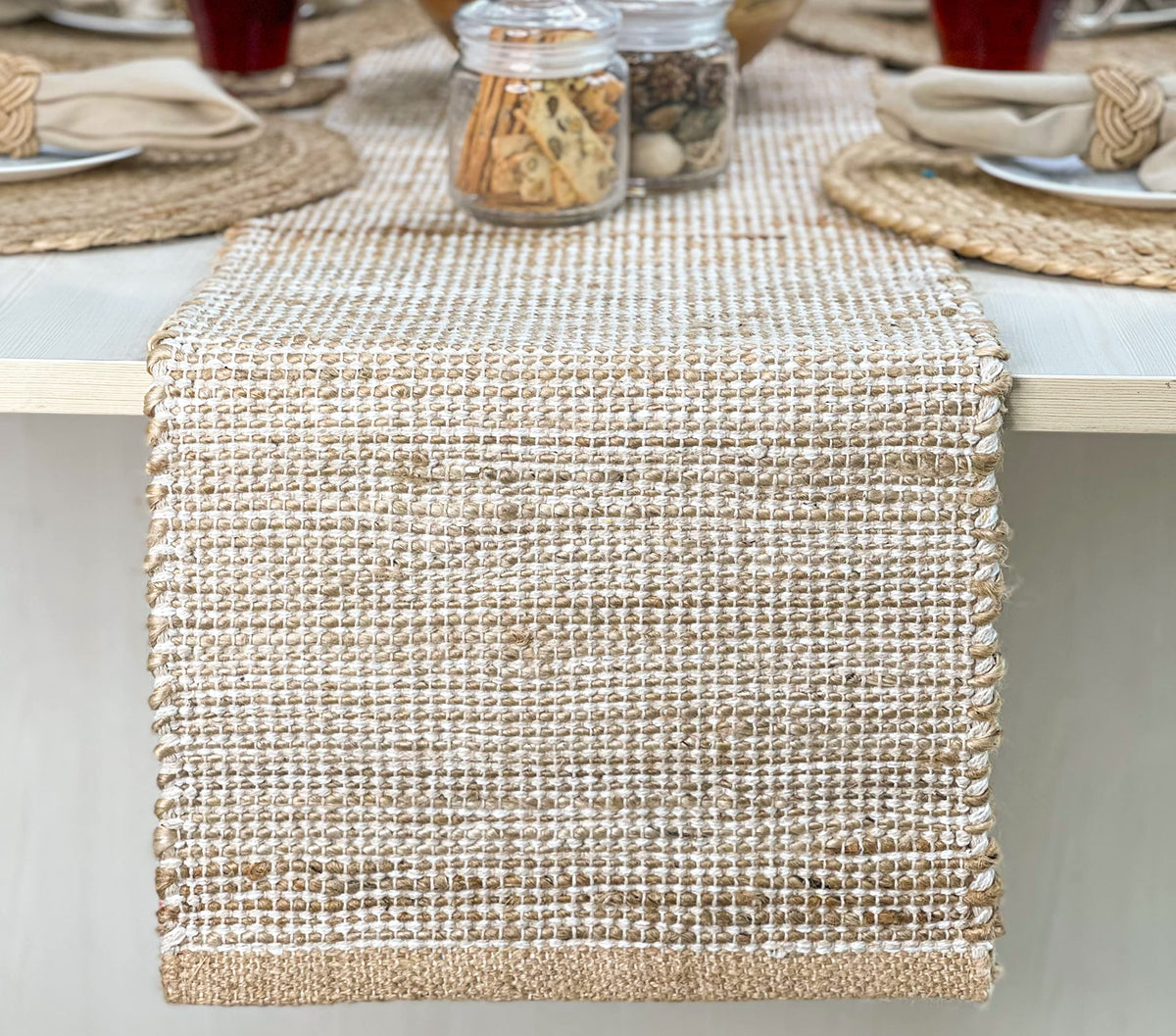 Chardin home Natural Jute Table Runner 13x108 Inch – Vintage Boho Rustic Table Decor – Handwoven Long Table Runner in Natural Jute and Black – Farmhouse Dining or Console Table Accent