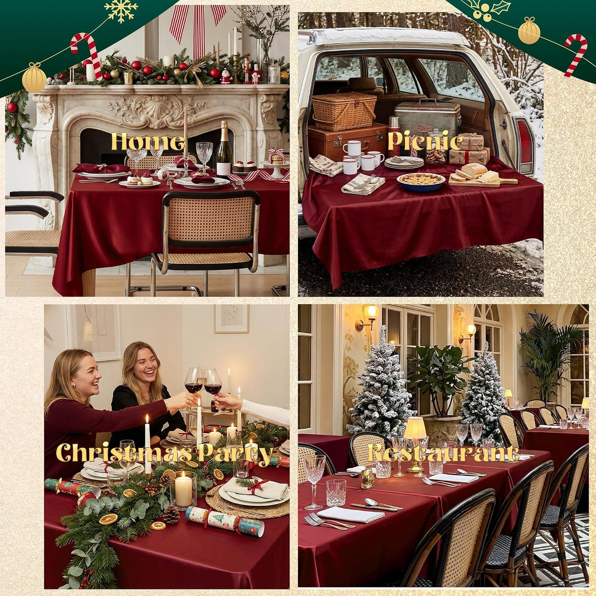 4 Pack Burgundy Satin Tablecloth 58 x 102 Inch Overlay Seamless Design