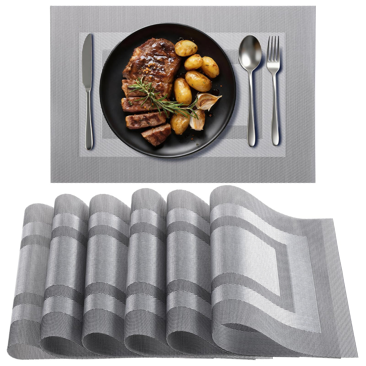 Timeet Placemats Set of 6, Heat Resistant Non-Slip Place Mats, Durable Washable PVC Vinyl Woven Table Mats, Linen Textured Table Placemats for Dining Kitchen Resistant Easy to Clean(Brown)