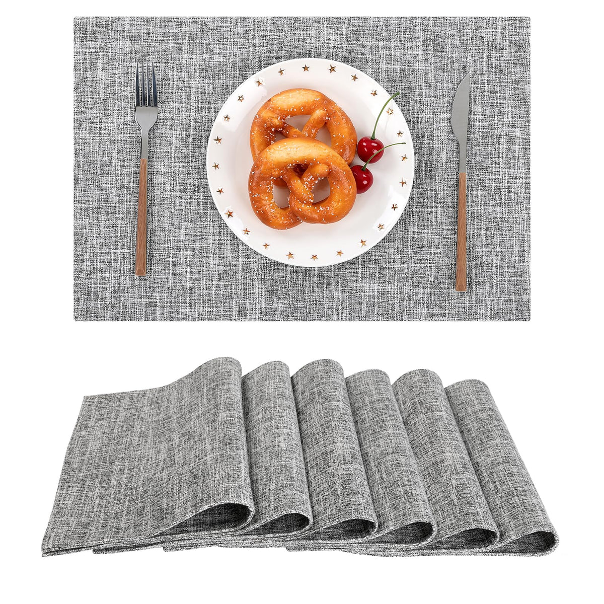 SHACOS Woven Fabric Placemats Set of 4 Heat Resistant Place Mats Non Slip Washable Double Layer Cloth Placemats Reversible Table Mats Kitchen Dining Table Decor (4, Dark Grey)
