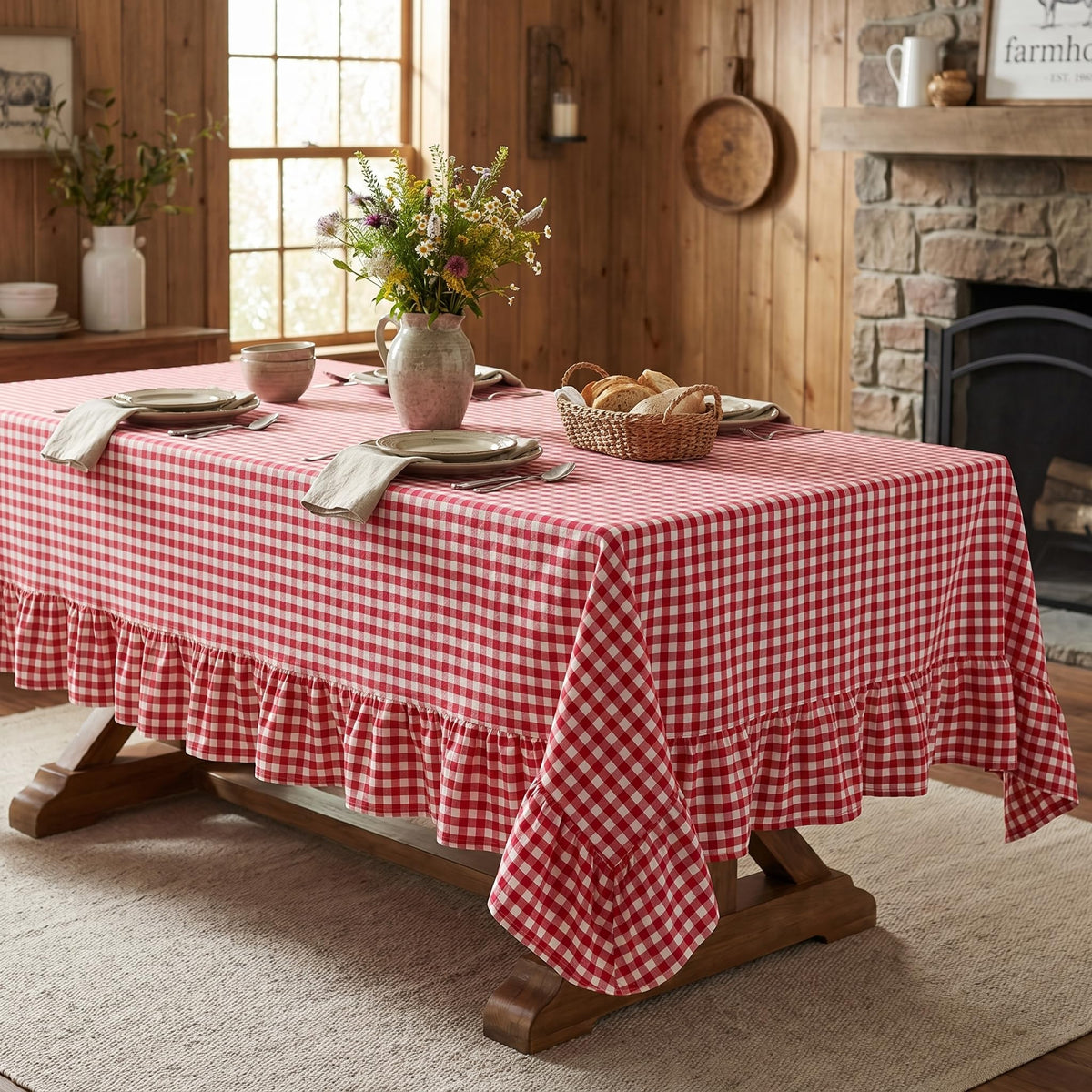 PartyDelight Gingham Ruffle Tablecloth Butter Yellow Washed Cotton Checkered Rectangular Table Cover for Farmhouse Kitchen Cute Cottagecore Birthday Party Decor, Soft Vintage (60x102 Fits 6-9 Seats)