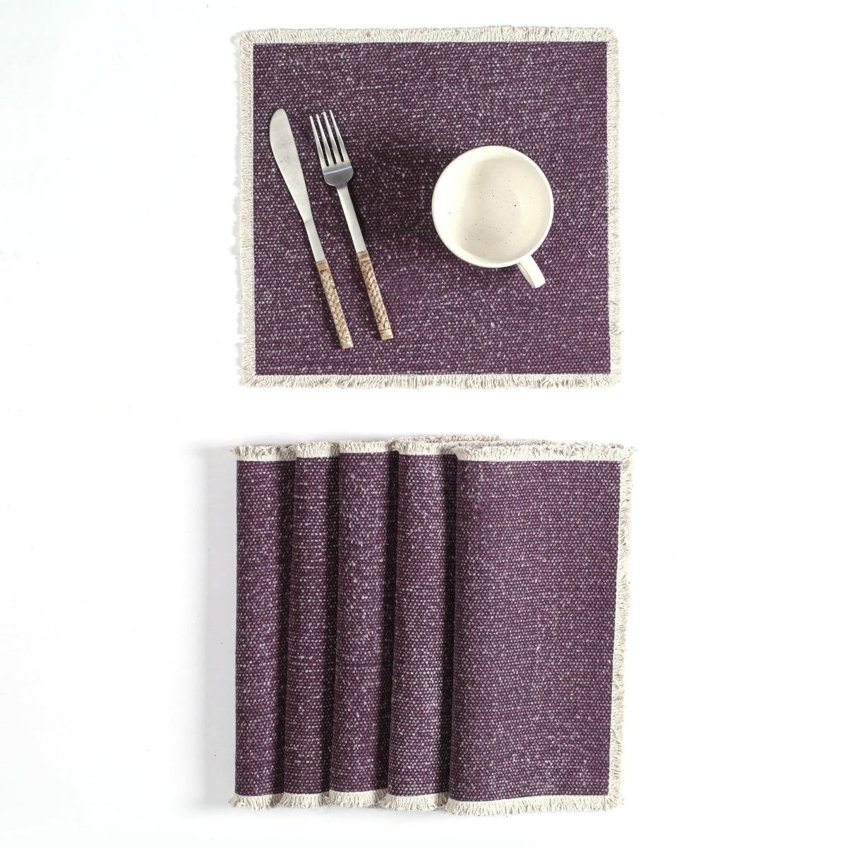 Hausattire Cotton Frayed Placemats Set of 4 Dining Table 14x14 Inch | Rustic Vintage Boho Washable Easter Placemat for Outdoor Parties BBQ's Wedding, Holiday, Special Occasions, Nubby Cotton - Brown
