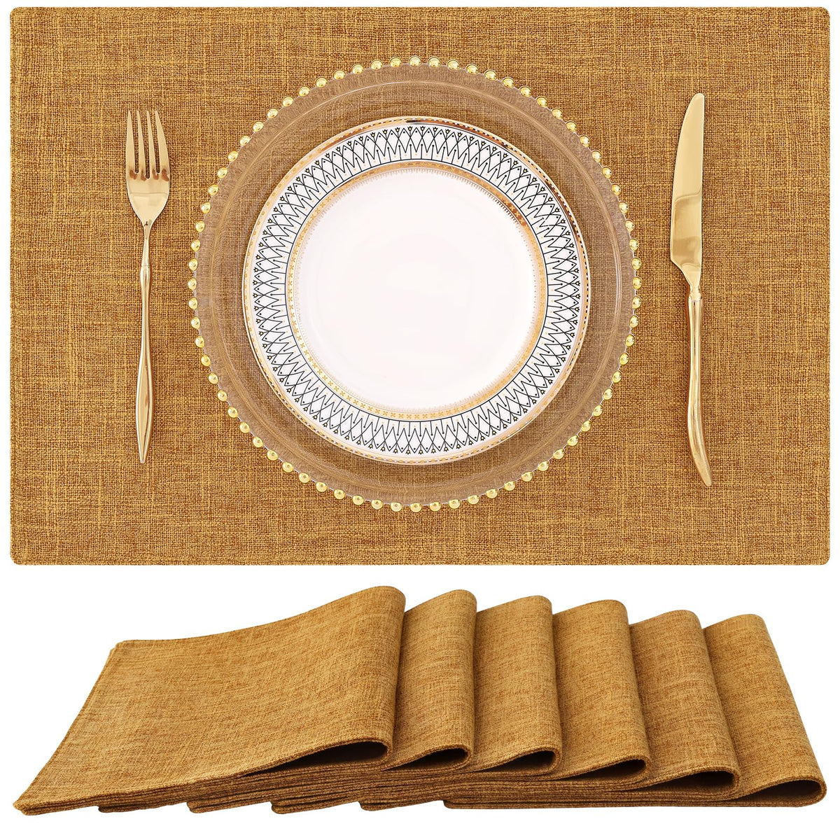 homing Faux Cotton Linen Placemats Set of 6, Cloth Dining Table Mats