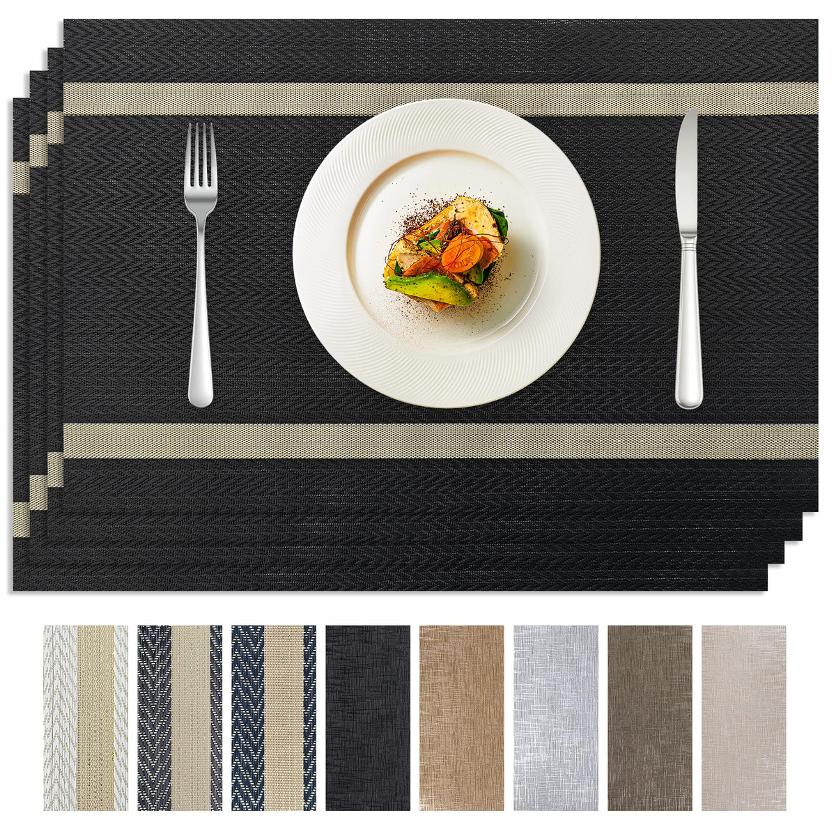 Brown Placemats Set of 4, Rustic Washable PVC Vinyl Woven for Dining Table, Stain Resistant Flat Pack No Curled Edges, Heat Resistant Non Slip, 17 x 12 Inch