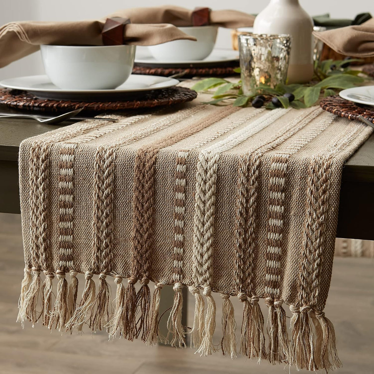 DII Braided Stripe Table Runner, 15x108 with 2.5" Fringe, Stone