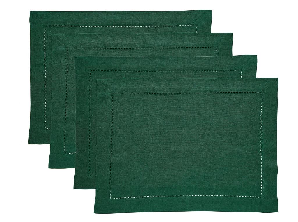 Solino Home 100% Pure Linen Placemats Green Hemstitch, 14 x 19 in, Set of 4