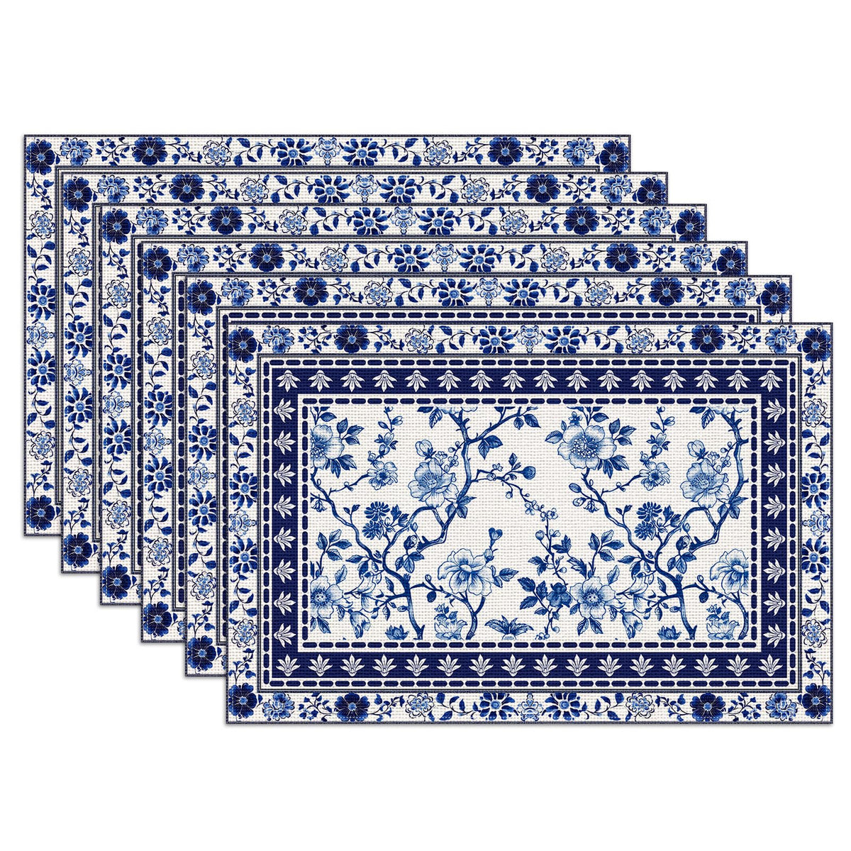 Blue White Floral Placemats Set of 6, Chinoiserie Flower Linen Place Mat Washable Stain Resistant Table Mats for Farmhouse Kitchen Dining 12x18 Inch