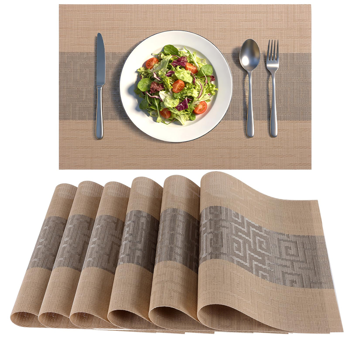 Timeet Placemats Set of 6, Heat Resistant Non-Slip Place Mats, Durable Washable PVC Vinyl Woven Table Mats, Linen Textured Table Placemats for Dining Kitchen Resistant Easy to Clean(Brown)