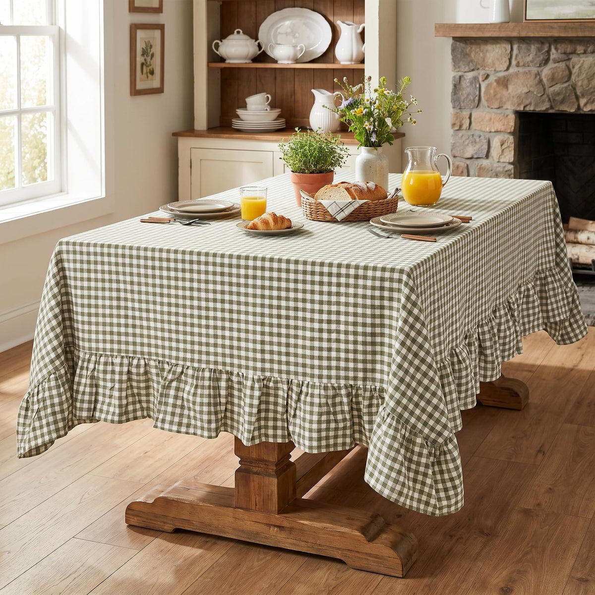 PartyDelight Gingham Ruffle Tablecloth Butter Yellow Washed Cotton Checkered Rectangular Table Cover for Farmhouse Kitchen Cute Cottagecore Birthday Party Decor, Soft Vintage (60x102 Fits 6-9 Seats)
