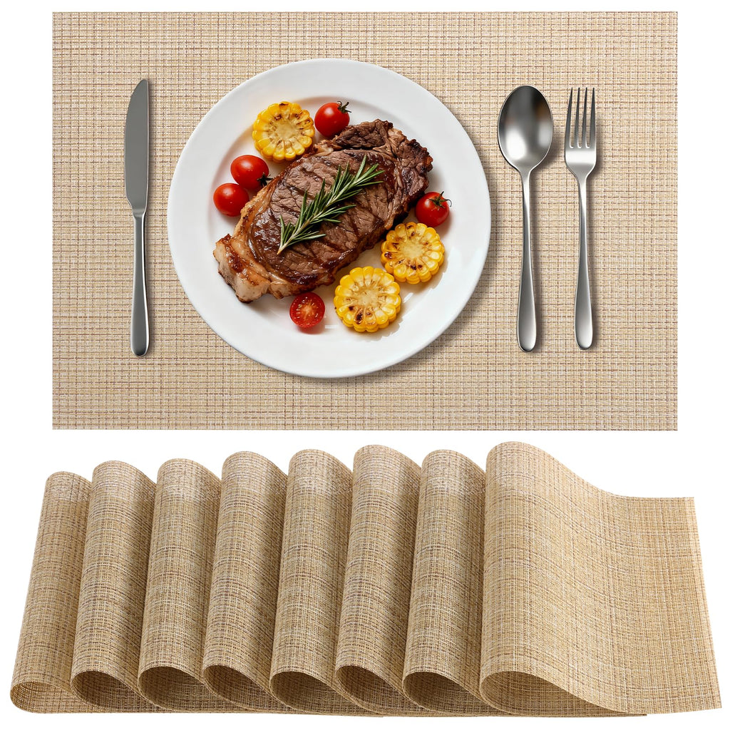 Timeet Placemats Set of 6, Heat Resistant Non-Slip Place Mats, Durable Washable PVC Vinyl Woven Table Mats, Linen Textured Table Placemats for Dining Kitchen Resistant Easy to Clean(Brown)