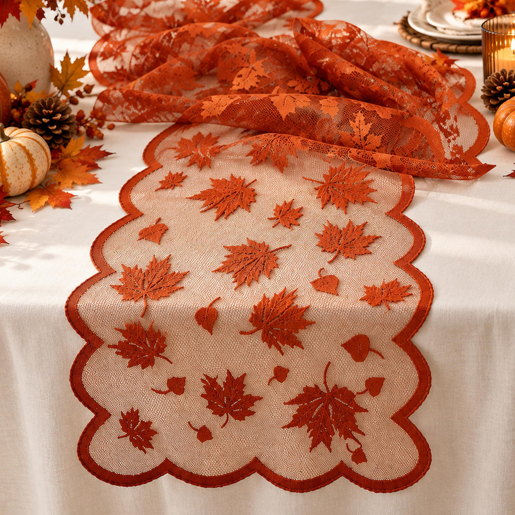 Fall Decorations for Home - Orange Lace Fall Leaves Table Runner