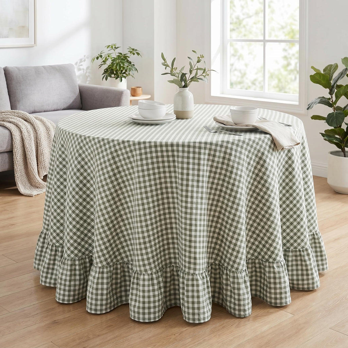PartyDelight Gingham Ruffle Tablecloth Butter Yellow Washed Cotton Checkered Rectangular Table Cover for Farmhouse Kitchen Cute Cottagecore Birthday Party Decor, Soft Vintage (60x102 Fits 6-9 Seats)