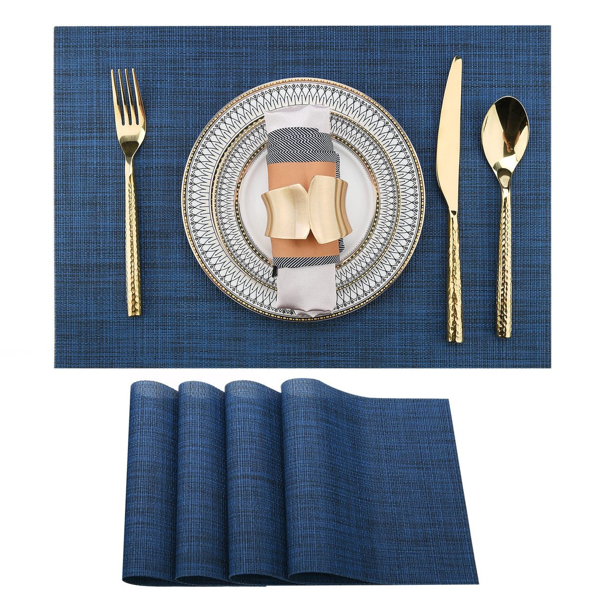 SLKQG Navy Blue Placemats Set of 8 - Easy Clean Washable Vinyl Placemats - Wipeable Heat Resistant Table Mats for Dining Table - 17x12 Inch (Navy Blue, 8)