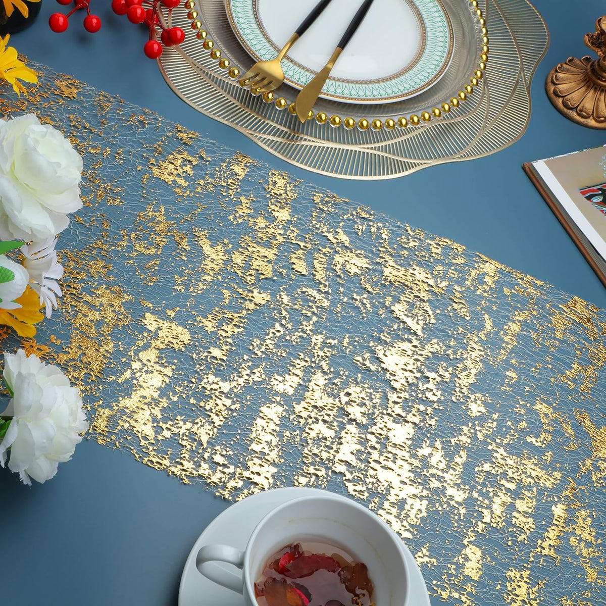 Snowkingdom 2 Pcs Gold Table Runner, Sequin Glitter Metallic Foil Thin Mesh Sparkly Runner Roll 11"x108", Gold Birthday Party Decorations, for Event Wedding Showers Christmas Thanksgiving Festive
