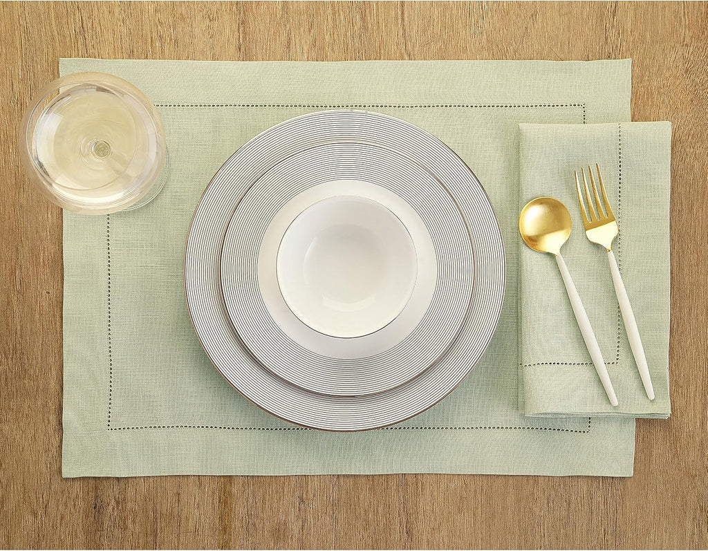 Solino Home 100% Pure Linen Placemats Green Hemstitch, 14 x 19 in, Set of 4