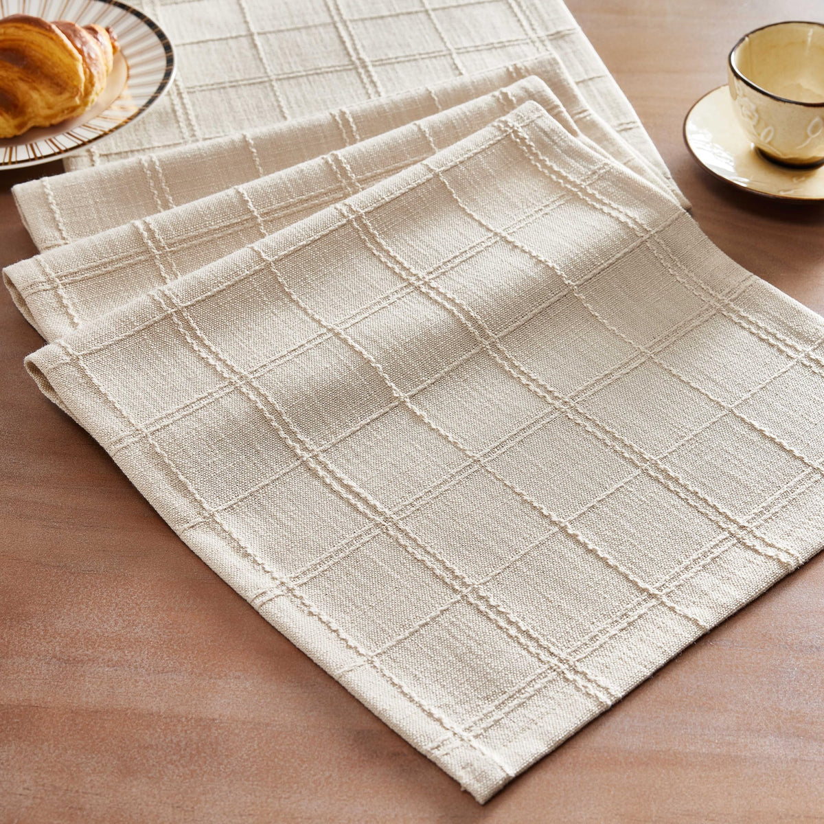 ZeeMart Linen Checked Farmhouse Table Runner, 13x72 Inches Neutral Beige