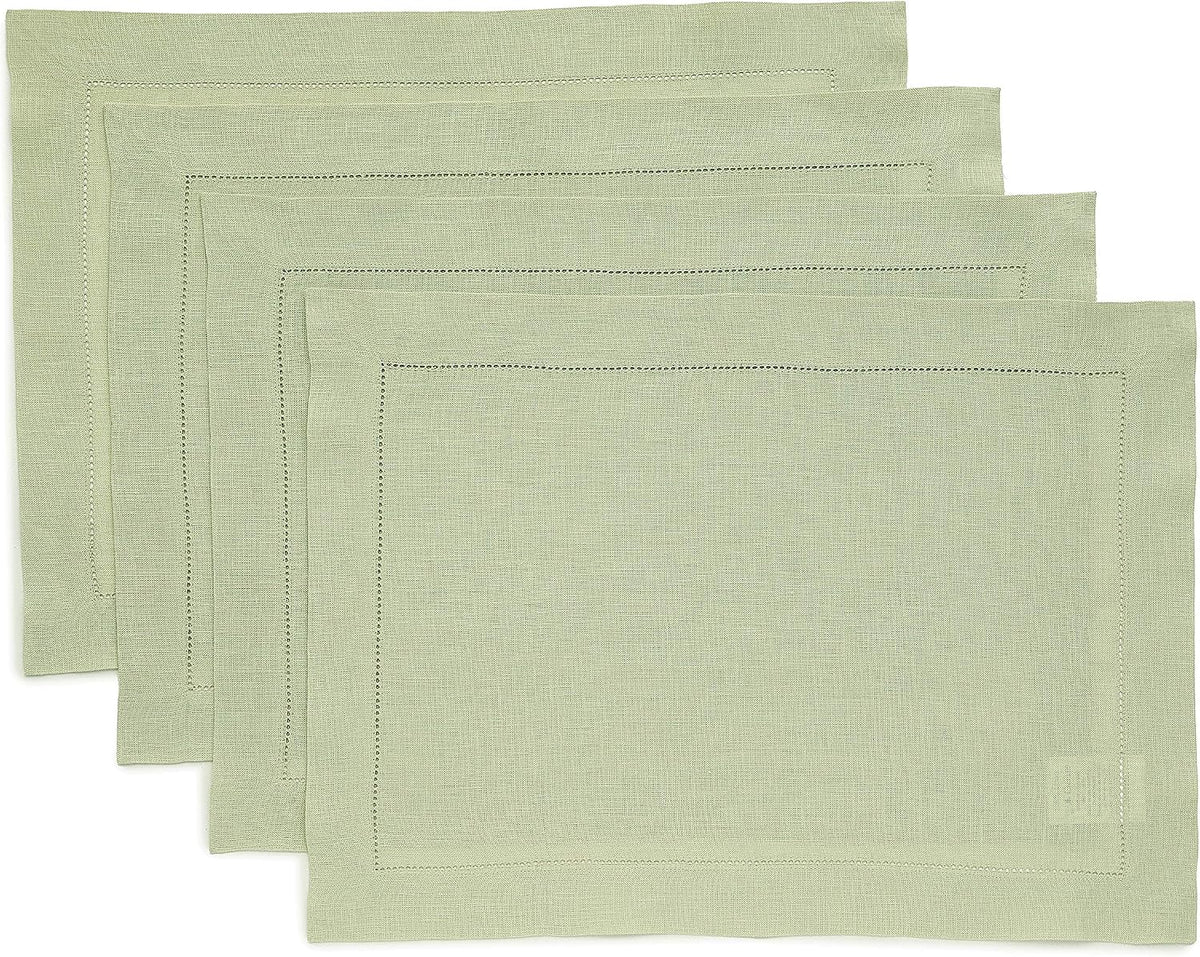 Solino Home 100% Pure Linen Placemats Green Hemstitch, 14 x 19 in, Set of 4