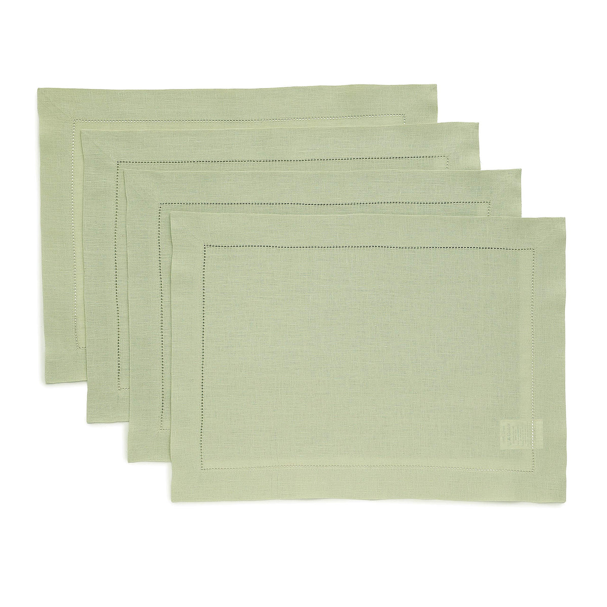 Solino Home 100% Pure Linen Placemats Green Hemstitch, 14 x 19 in, Set of 4