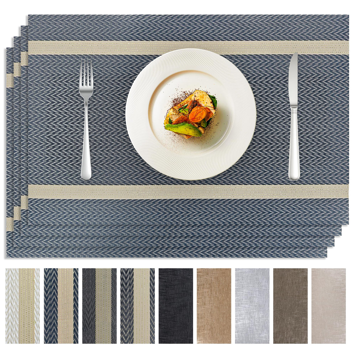 Brown Placemats Set of 4, Rustic Washable PVC Vinyl Woven for Dining Table, Stain Resistant Flat Pack No Curled Edges, Heat Resistant Non Slip, 17 x 12 Inch