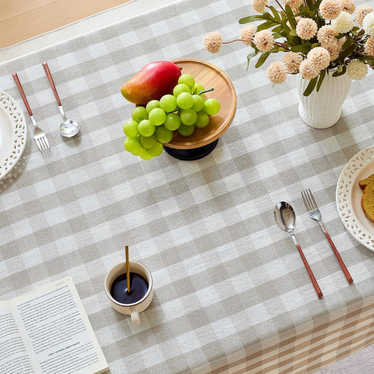 Gingham Tablecloth Rectangle, 60" x 75", Beige